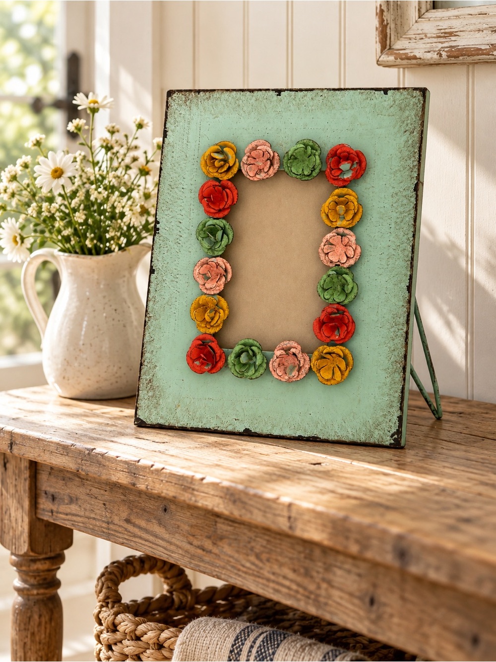 Distressed Aqua Metal Floral Picture Frame – Shabby Chic Cottagecore